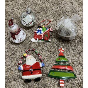 A Lot Of Six Christmas Ornaments, Snowman, Santa, Christmas Tree, Etc.